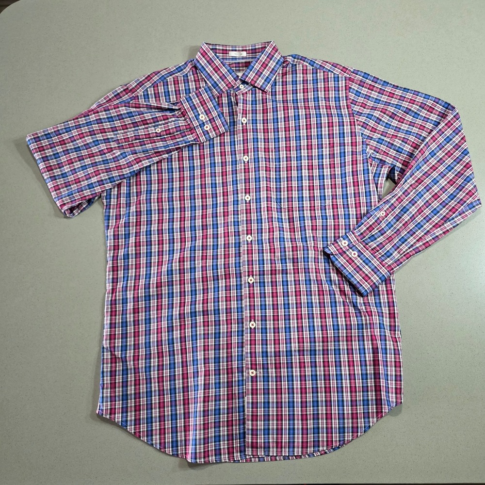 Peter Millar Mens Large Pink Blue Plaid Cotton Long Sleeve Button Down Shirt